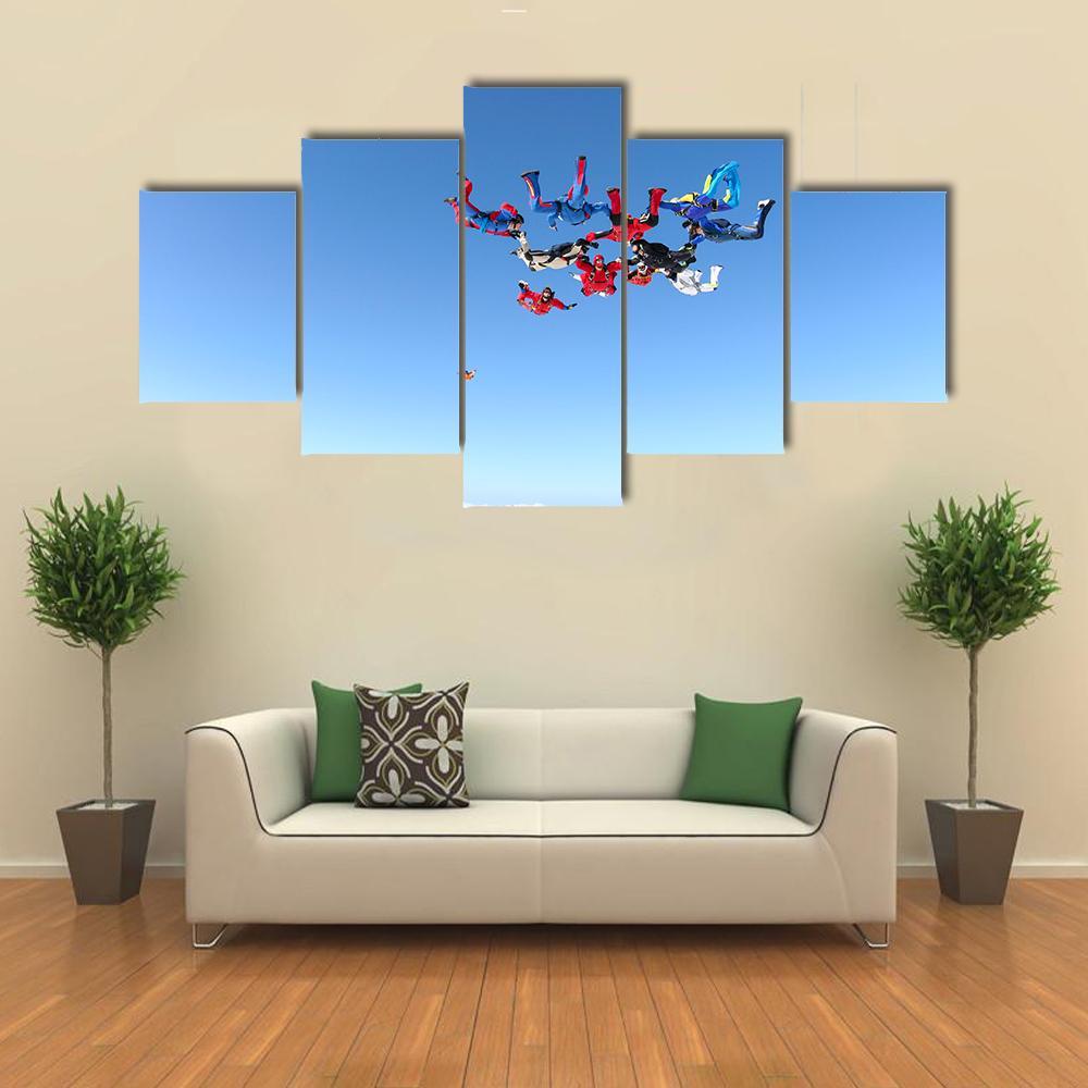 View Of Skydivers Under Blue Sky Canvas Wall Art-5 Star-Gallery Wrap-62" x 32"-Tiaracle