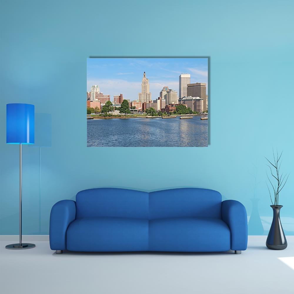 Providence Skyline with River and Boats Canvas Wall Art in gray, brown and blue, single panel hung on a wall