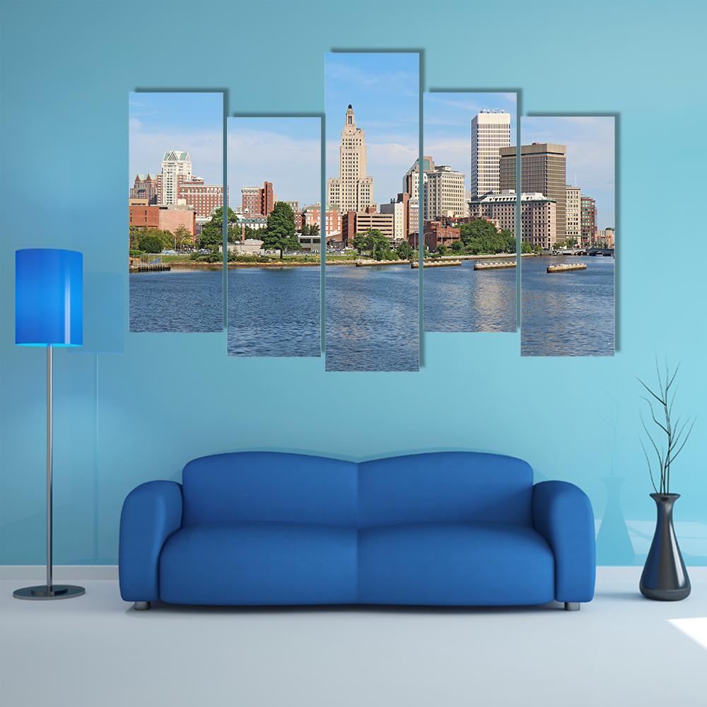 Providence Skyline with River and Boats Canvas Wall Art in gray, brown and blue, 5 panel Pop layout hung on a wall