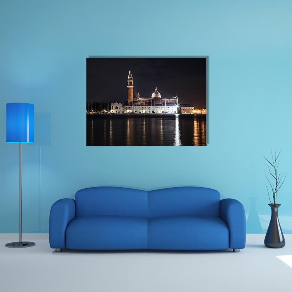 San Giorgio Maggiore at Night Canvas Wall Art in black, gold and yellow, single panel hung on a wall