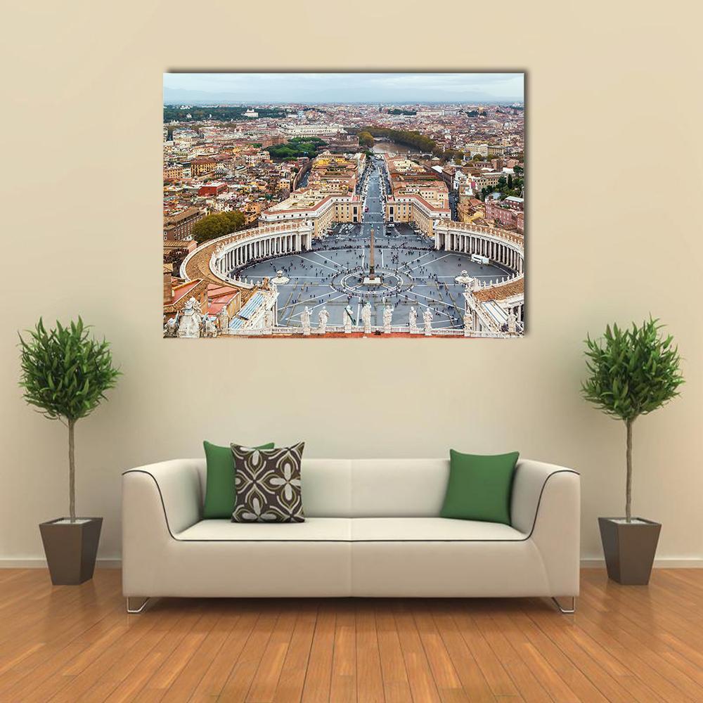 St. Peter's Square, Rome Canvas Wall Art in gray, beige and brown, single panel hung on a wall