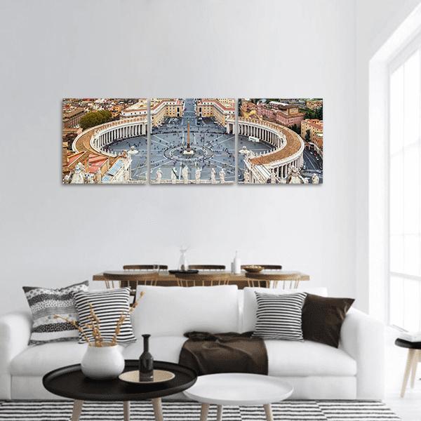 St. Peter's Square Bird's-eye View Panoramic Canvas Wall Art in gray, beige and brown, hung on a wall