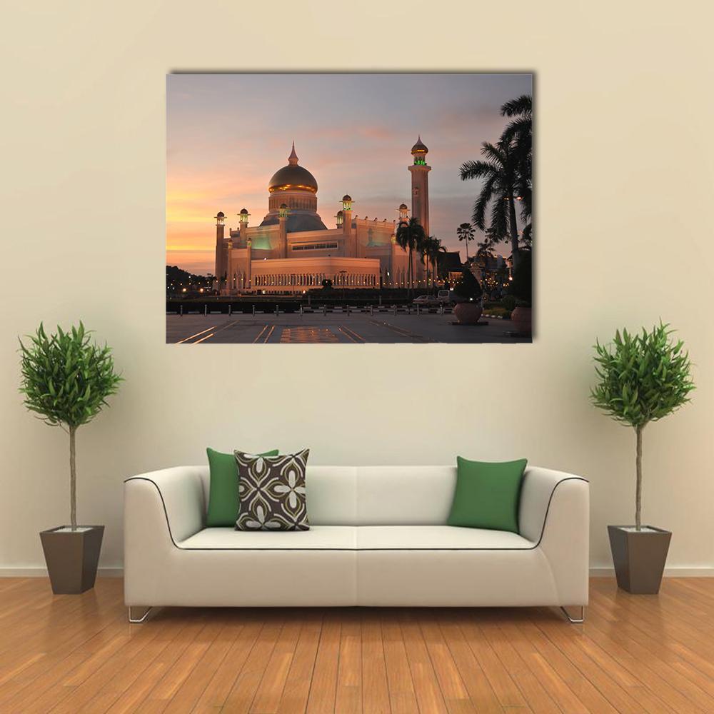 Omar Ali Saifuddien Mosque at Dusk Canvas Wall Art in gold, orange and blue, single panel hung on a wall