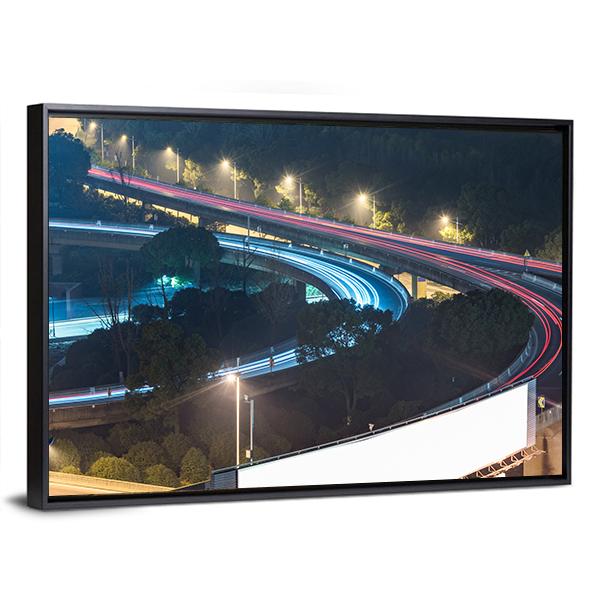View Of Suzhou Overpass At Night In China Canvas Wall Art-3 Horizontal-Gallery Wrap-25" x 16"-Tiaracle