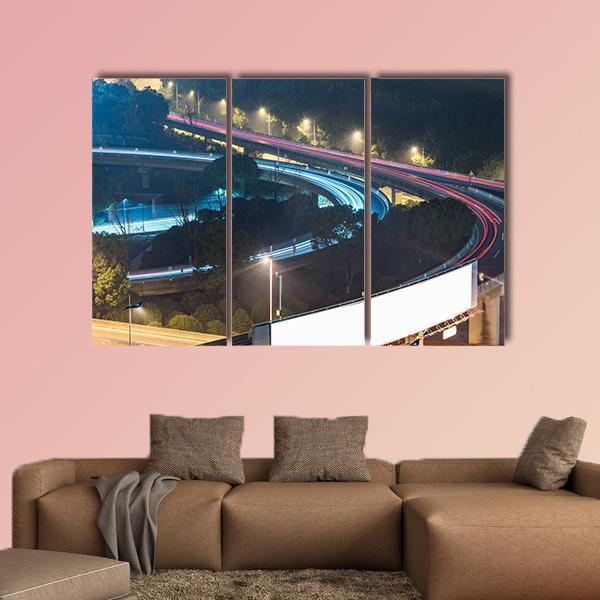 View Of Suzhou Overpass At Night In China Canvas Wall Art-3 Horizontal-Gallery Wrap-37" x 24"-Tiaracle