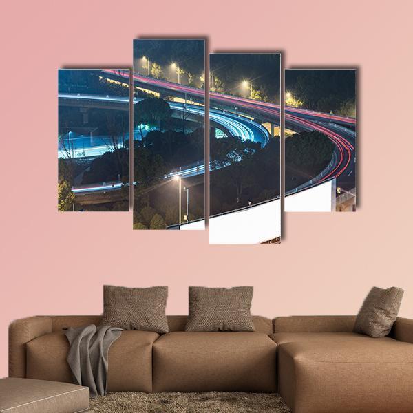 View Of Suzhou Overpass At Night In China Canvas Wall Art-4 Pop-Gallery Wrap-50" x 32"-Tiaracle