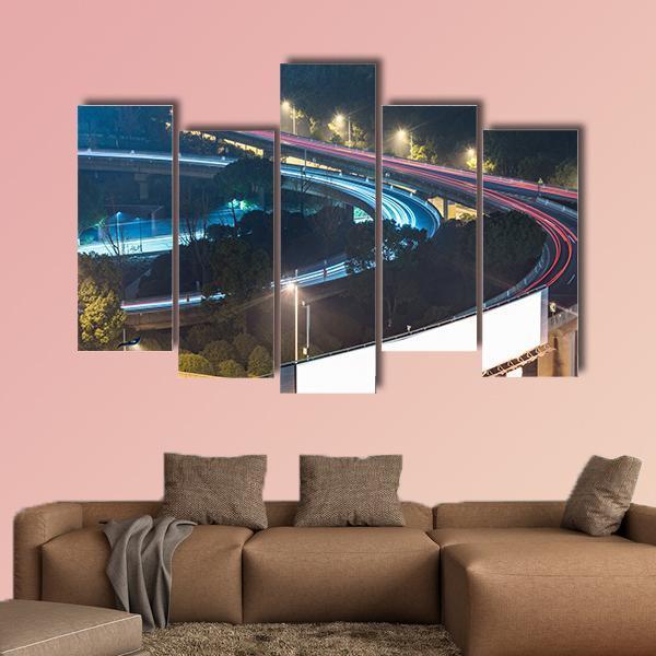 View Of Suzhou Overpass At Night In China Canvas Wall Art-5 Pop-Gallery Wrap-47" x 32"-Tiaracle