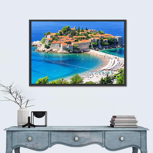 View Of Sveti Stefan Island Canvas Wall Art-1 Piece-Floating Frame-24" x 16"-Tiaracle