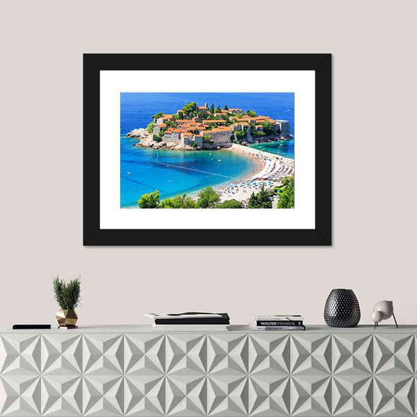View Of Sveti Stefan Island Canvas Wall Art-1 Piece-Framed Print-20" x 16"-Tiaracle