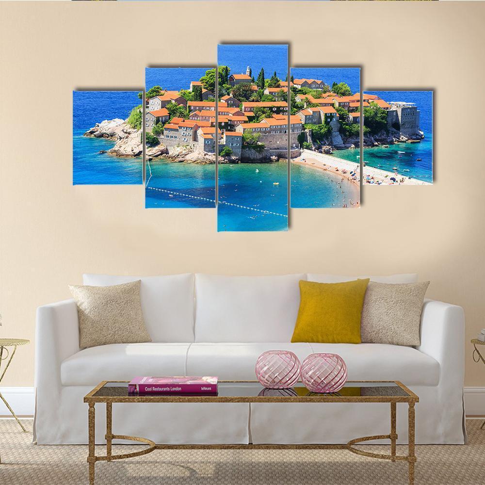 View Of Sveti Stefan Island Canvas Wall Art-5 Star-Gallery Wrap-62" x 32"-Tiaracle