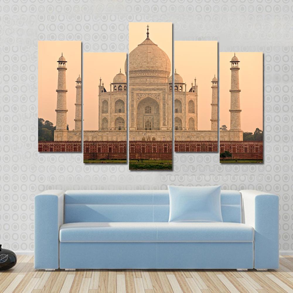 View Of Taj Mahal At Sunrise Agra India Canvas Wall Art-5 Pop-Gallery Wrap-47" x 32"-Tiaracle
