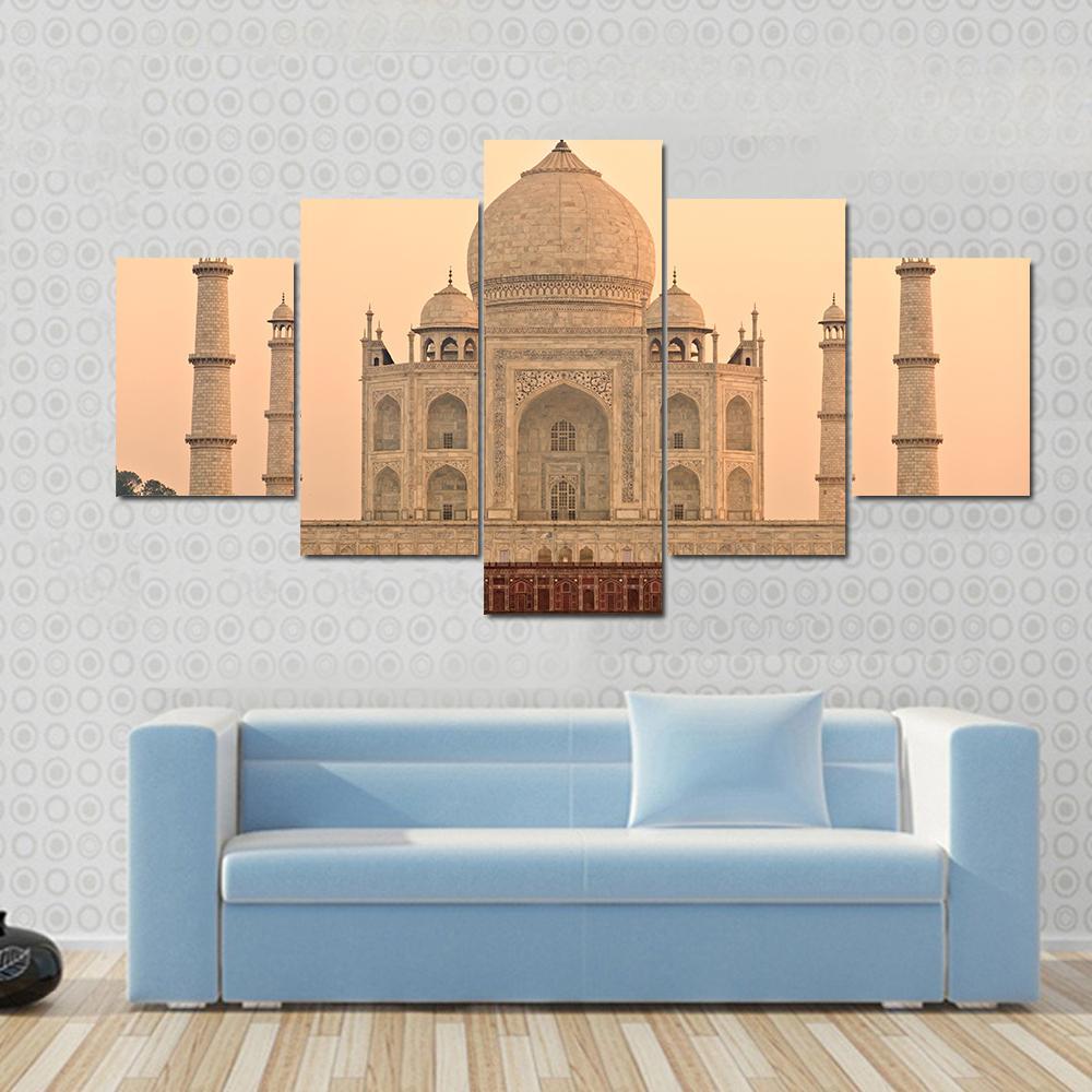 View Of Taj Mahal At Sunrise Agra India Canvas Wall Art-5 Star-Gallery Wrap-62" x 32"-Tiaracle