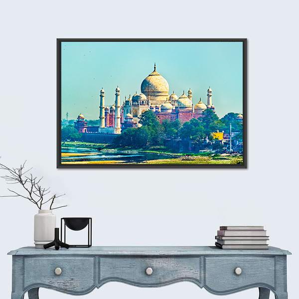 View Of Taj Mahal From Agra Fort Canvas Wall Art-1 Piece-Floating Frame-24" x 16"-Tiaracle