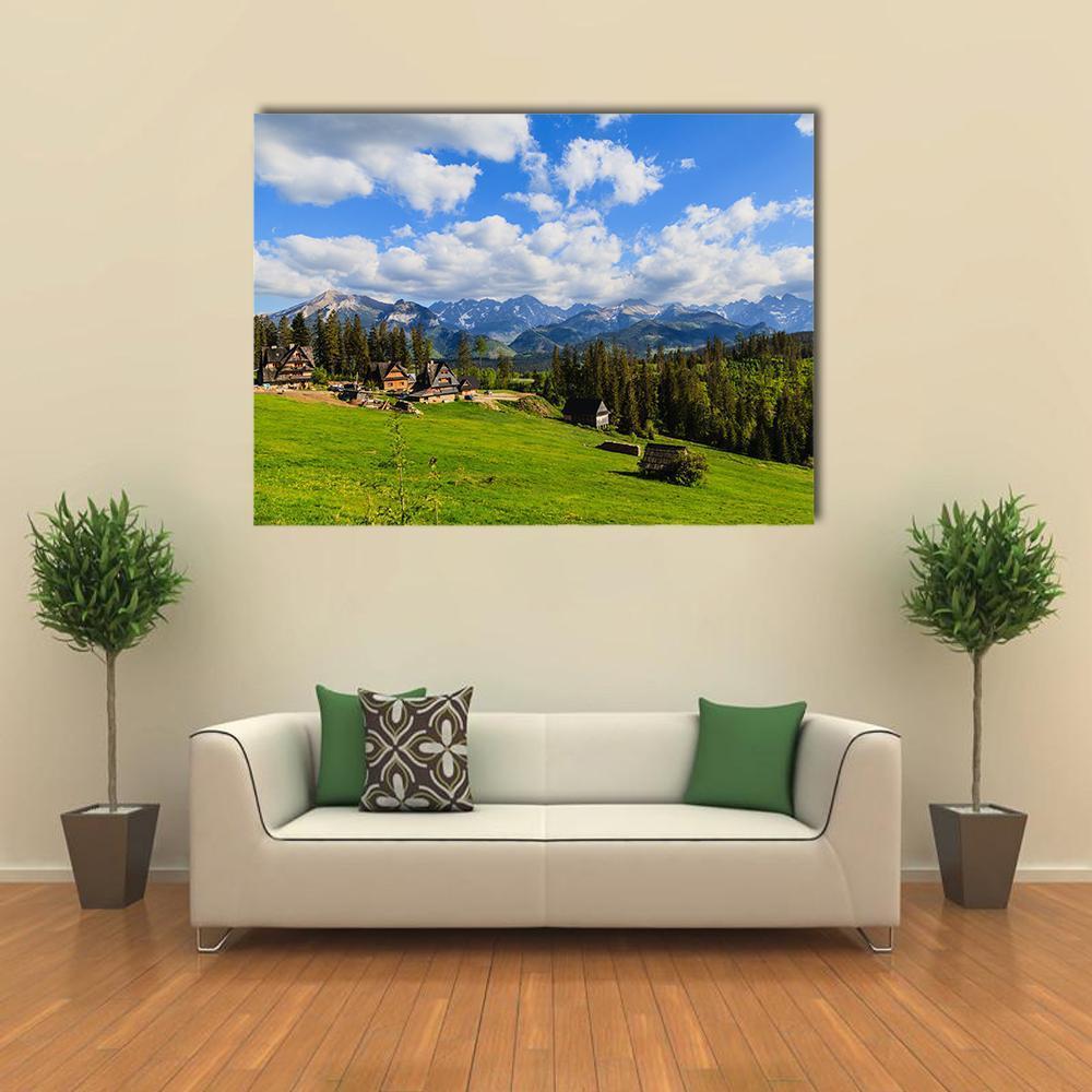 Tatra Mountains in Spring Canvas Wall Art in white, green and blue, single panel hung on a wall
