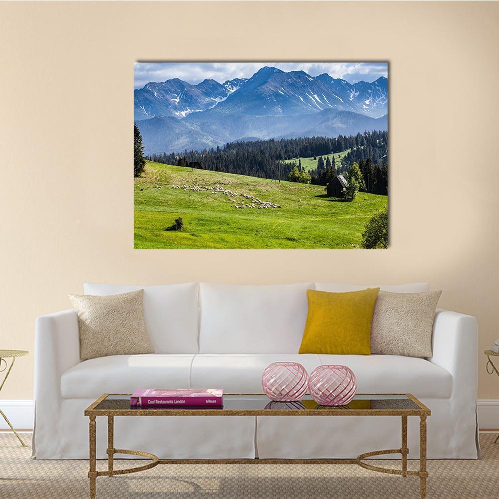 View of Tatra Mountains in Spring Canvas Wall Art in gray, green and blue, single panel hung on a wall