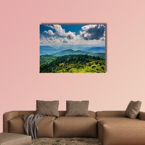 Blue Ridge Mountains Landscape Canvas Wall Art in white, green and blue, single panel hung on a wall