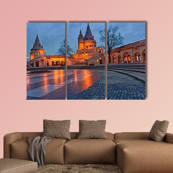 View Of The Budapest Fishermen's Bastion At Dusk Canvas Wall Art-3 Horizontal-Gallery Wrap-25" x 16"-Tiaracle