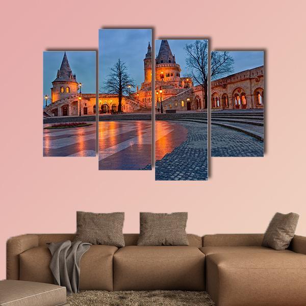 View Of The Budapest Fishermen's Bastion At Dusk Canvas Wall Art-4 Pop-Gallery Wrap-50" x 32"-Tiaracle
