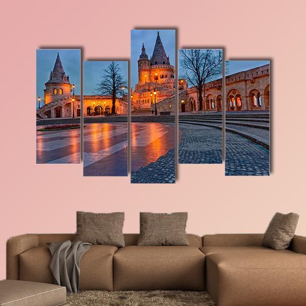 View Of The Budapest Fishermen's Bastion At Dusk Canvas Wall Art-5 Pop-Gallery Wrap-47" x 32"-Tiaracle