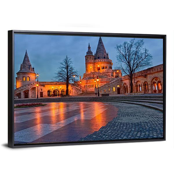 View Of The Budapest Fishermen's Bastion At Dusk Canvas Wall Art-3 Horizontal-Gallery Wrap-25" x 16"-Tiaracle