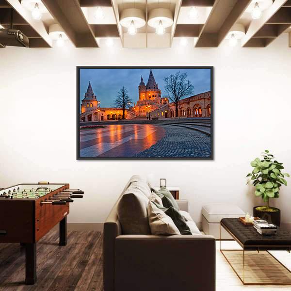 View Of The Budapest Fishermen's Bastion At Dusk Canvas Wall Art-3 Horizontal-Gallery Wrap-25" x 16"-Tiaracle