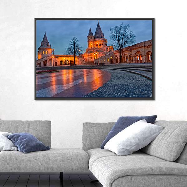 View Of The Budapest Fishermen's Bastion At Dusk Canvas Wall Art-3 Horizontal-Gallery Wrap-25" x 16"-Tiaracle