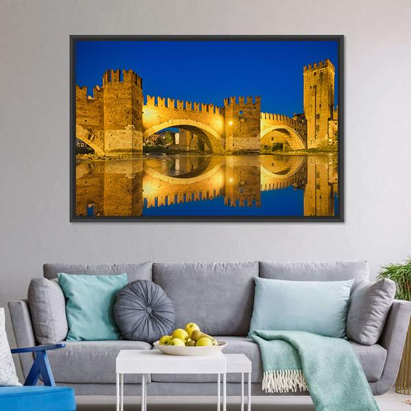 Castelvecchio Bridge Canvas Wall Art-1 Piece-Floating Frame-24" x 16"-Tiaracle