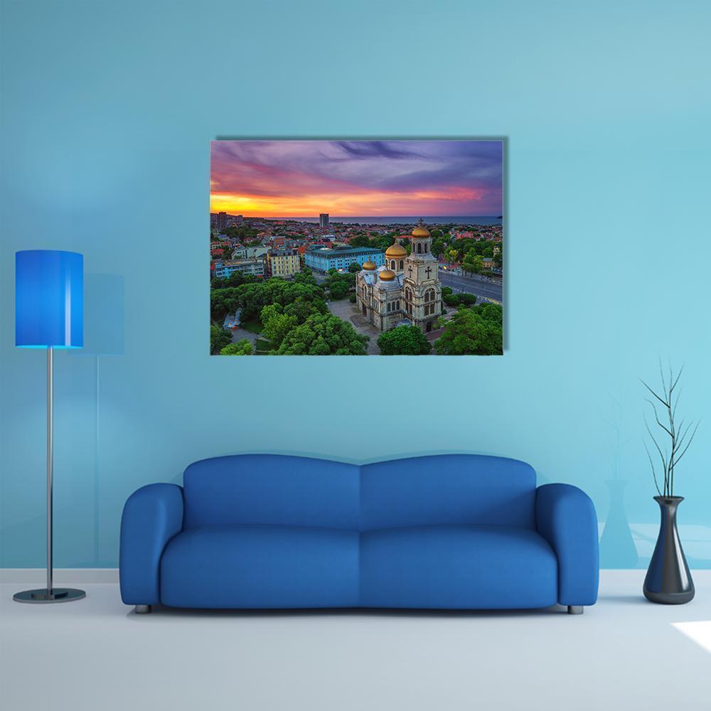 Assumption Cathedral in Varna Canvas Wall Art in green, blue and purple, single panel hung on a wall