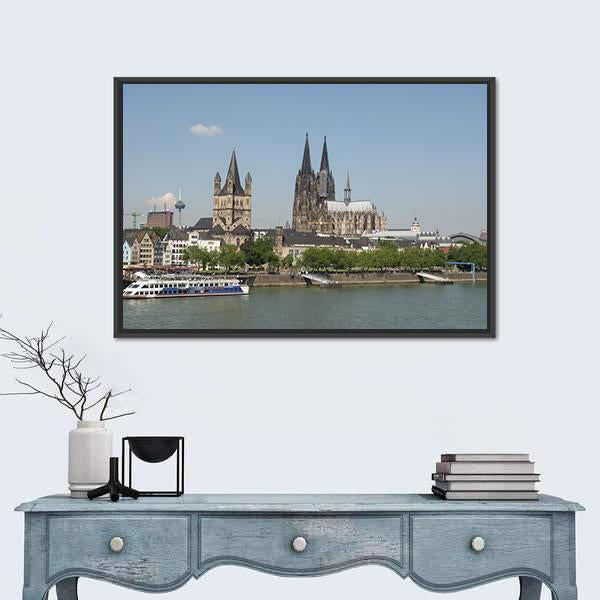 View Of The City From River Rhine Canvas Wall Art-1 Piece-Floating Frame-24" x 16"-Tiaracle