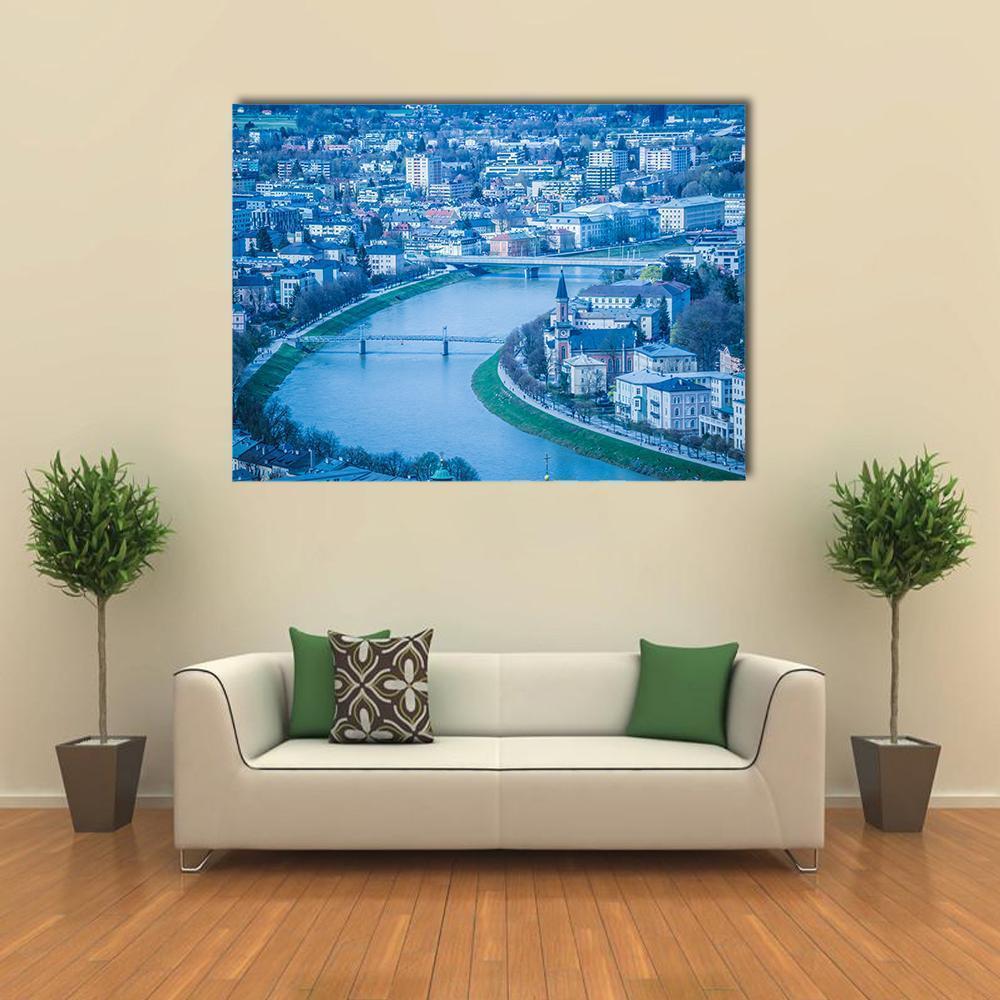 Salzburg Cityscape with River and Bridges Canvas Wall Art in white and blue, single panel hung on a wall