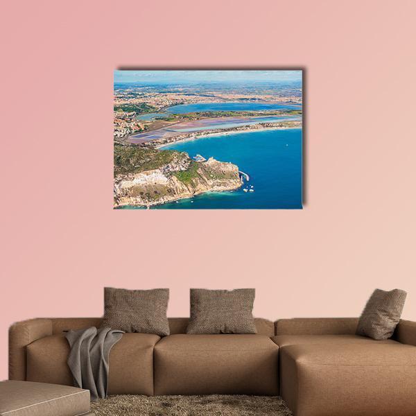 Aerial Coastal View with Salt Flats Canvas Wall Art in beige, green and blue, single panel hung on a wall