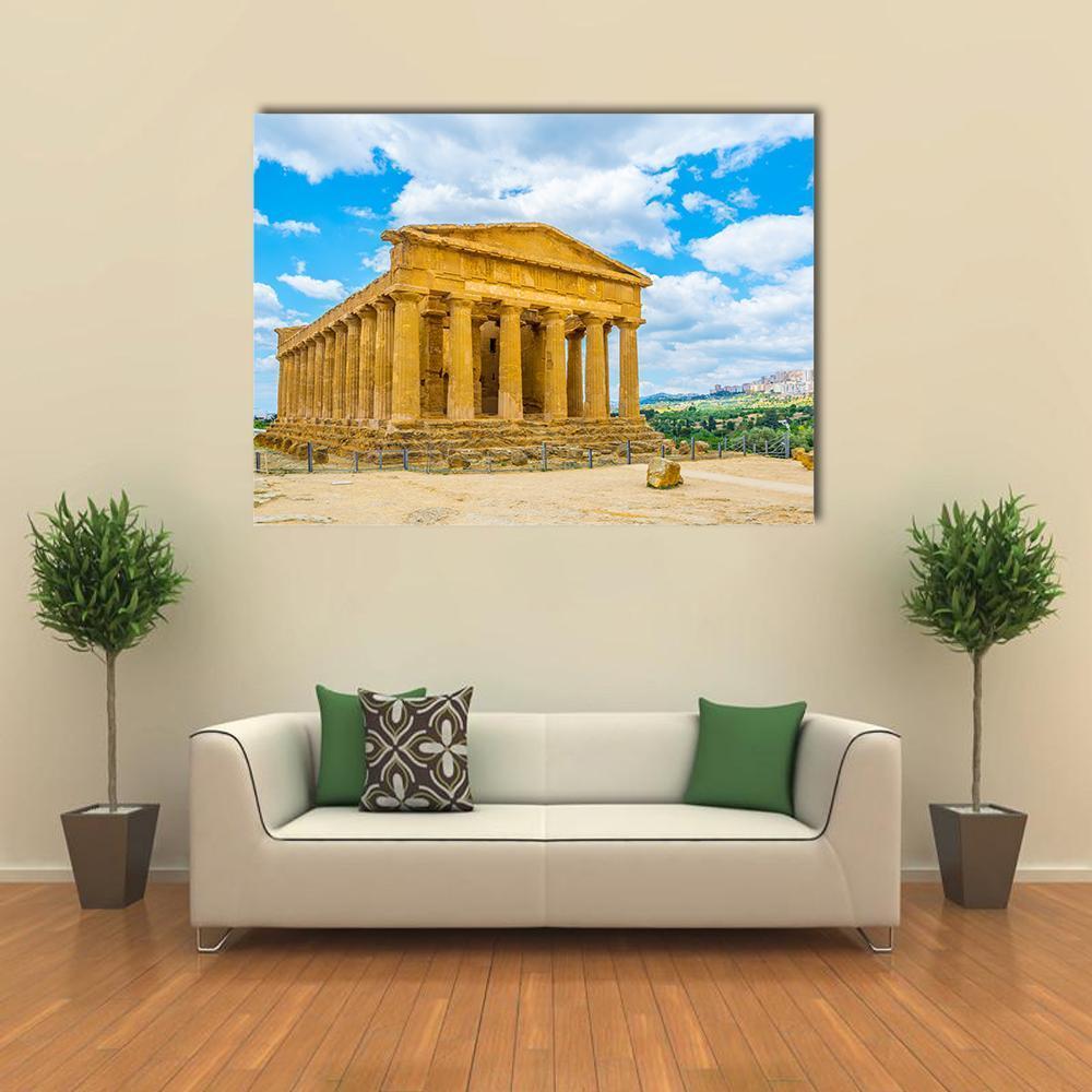 Concordia Temple in Valley of the Temples Canvas Wall Art in beige, yellow and blue, single panel hung on a wall