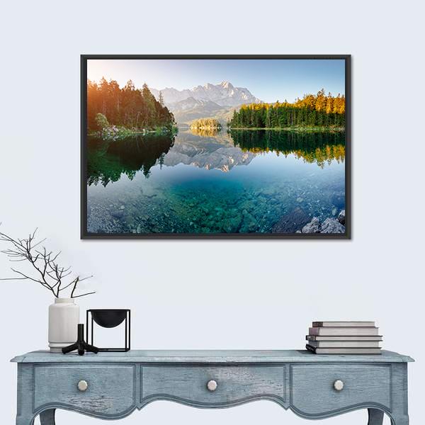 View Of The Famous Lake Eibsee Canvas Wall Art-1 Piece-Floating Frame-24" x 16"-Tiaracle