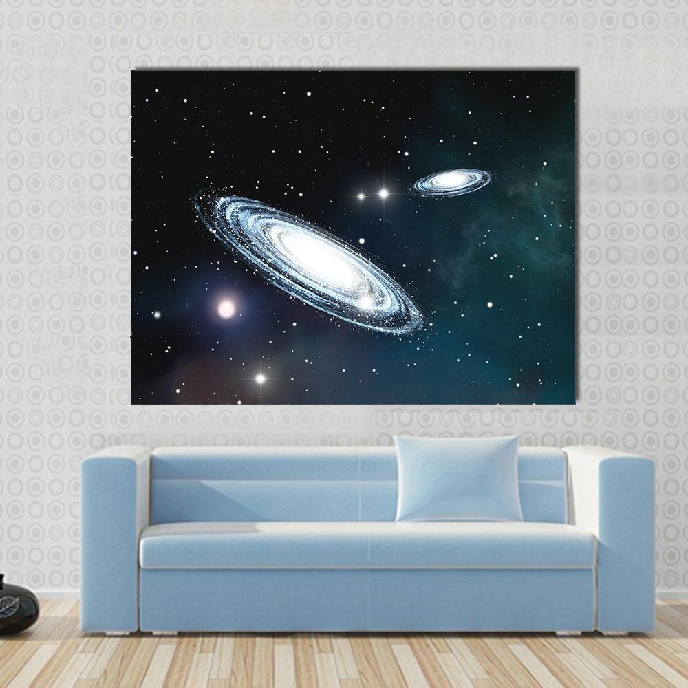 View of the Galaxy Through the Nebulae Canvas Wall Art in black, white and blue, single panel hung on a wall