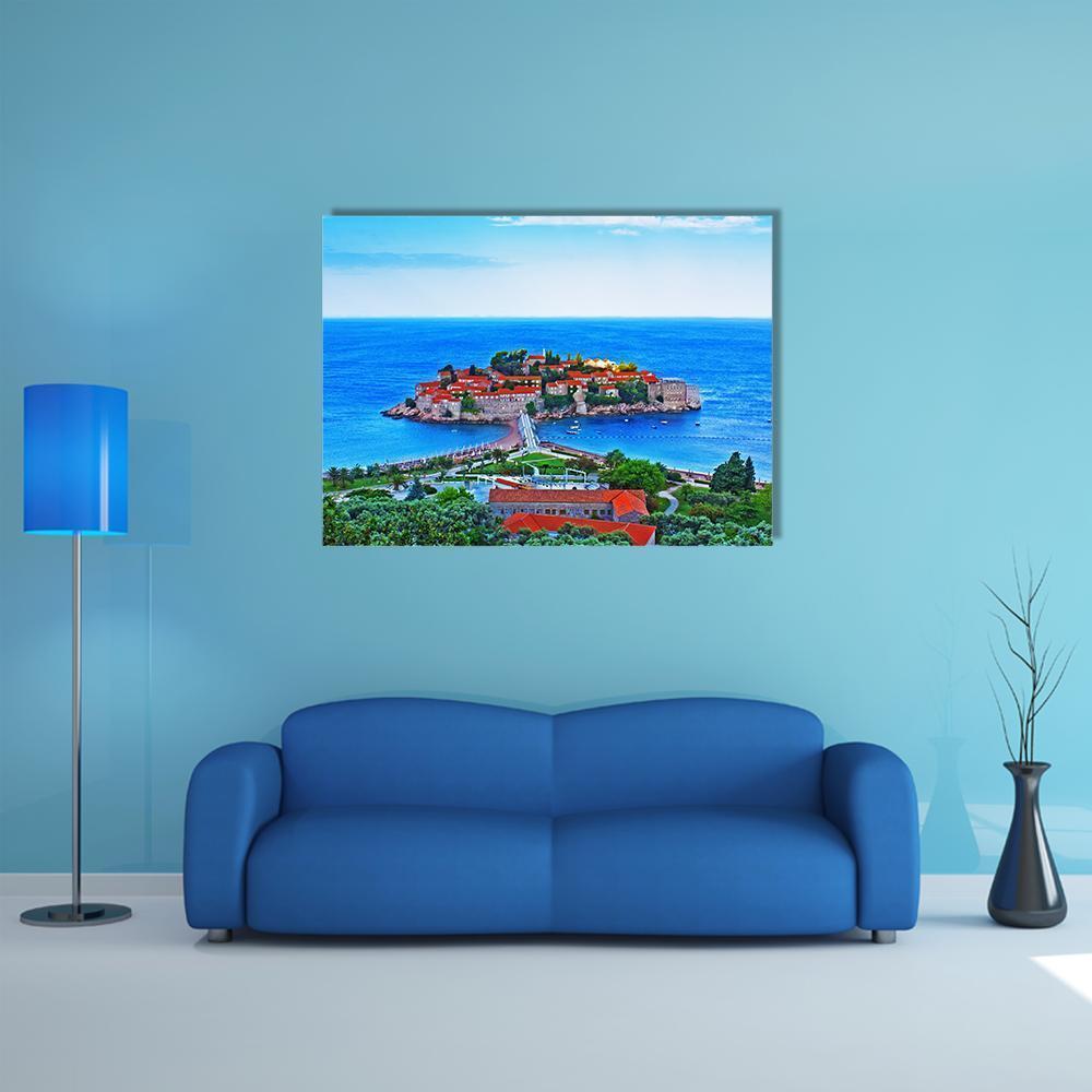 Island of St. Stephen, Montenegro Canvas Wall Art in orange, green and blue, single panel hung on a wall