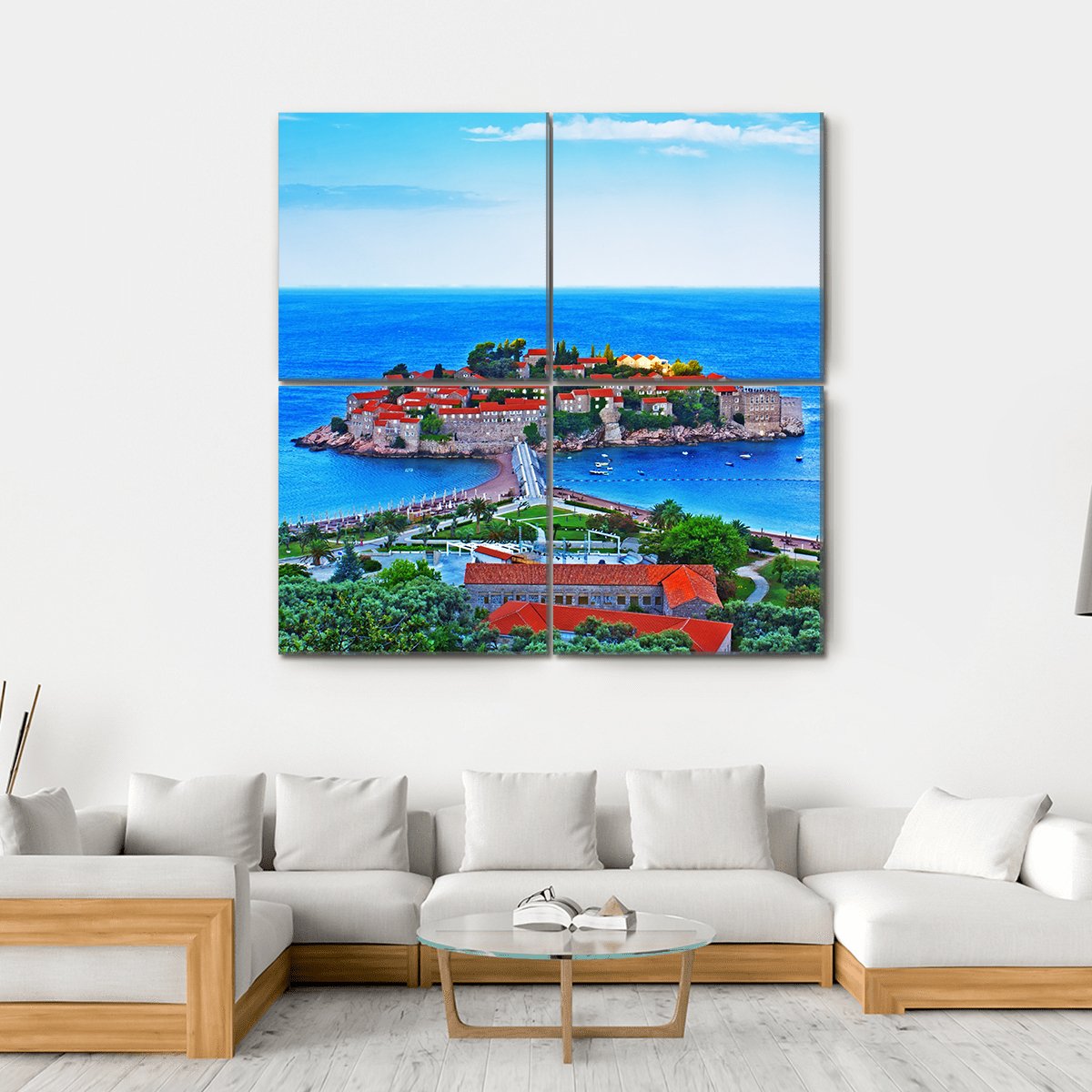 View Of The Island Of St. Stephen in Montenegro Canvas Wall Art-4 Square-Gallery Wrap-17" x 17"-Tiaracle