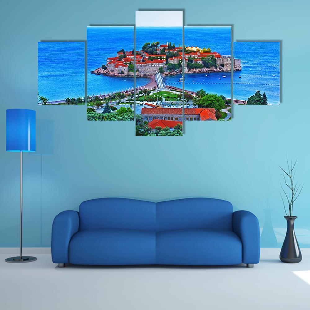 St. Stephen Island, Montenegro Canvas Wall Art in orange, green and blue, 5 panel Star layout hung on a wall