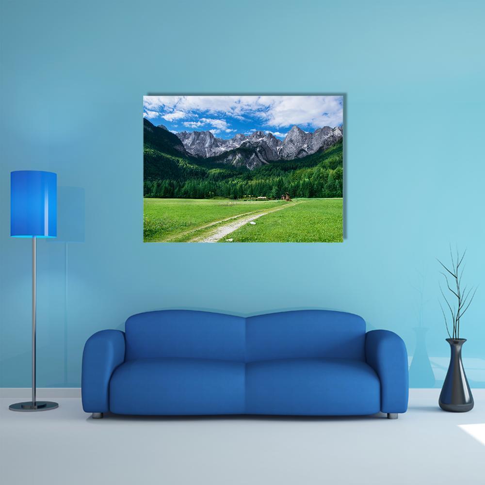 Julian Alps View from Gozd Martuljek Canvas Wall Art in gray, green and blue, single panel hung on a wall