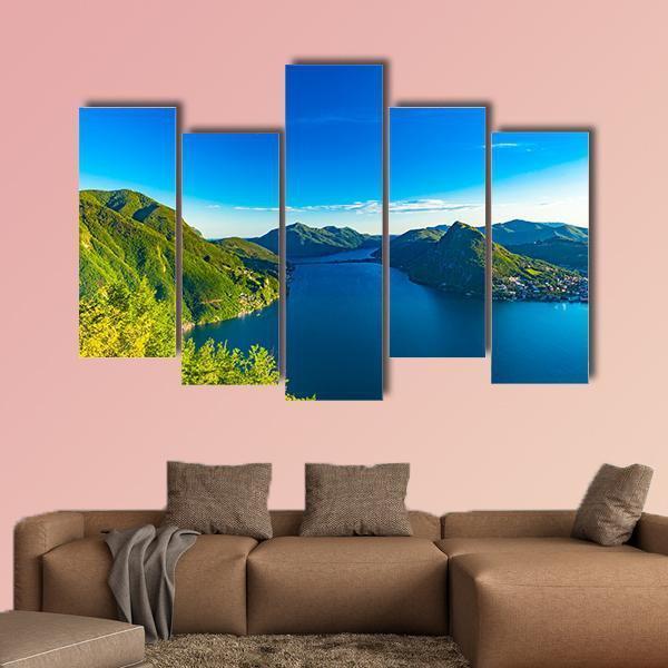 View Of The Lago Di Lugano In Switzerland Canvas Wall Art-5 Pop-Gallery Wrap-47" x 32"-Tiaracle