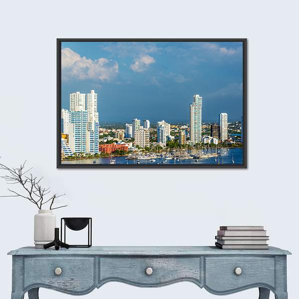 View Of The Marina And Tall Apartment Buildings Canvas Wall Art-1 Piece-Floating Frame-24" x 16"-Tiaracle