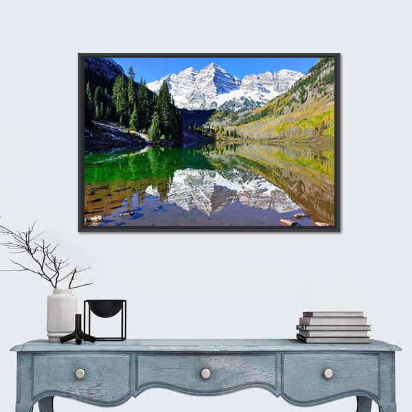 View Of The Maroon Bells During Foliage Season Canvas Wall Art-1 Piece-Floating Frame-24" x 16"-Tiaracle