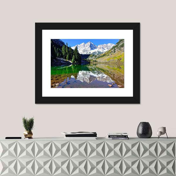 View Of The Maroon Bells During Foliage Season Canvas Wall Art-1 Piece-Framed Print-20" x 16"-Tiaracle