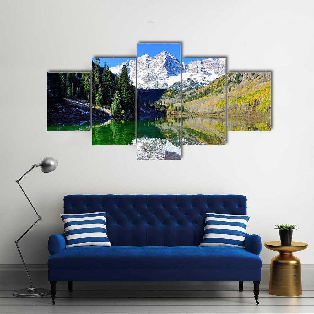 View Of The Maroon Bells During Foliage Season Canvas Wall Art-5 Star-Gallery Wrap-62" x 32"-Tiaracle