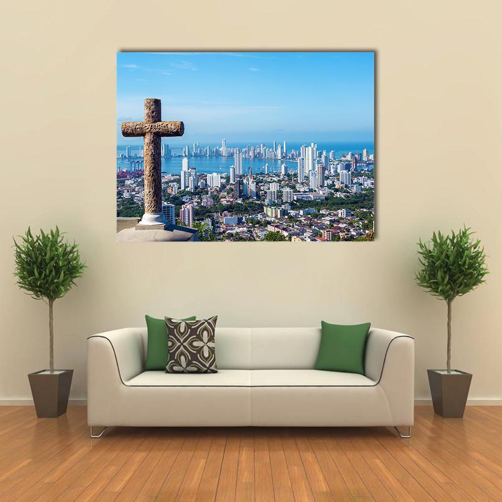 Cartagena Skyline with Stone Cross Canvas Wall Art in white, brown and blue, single panel hung on a wall
