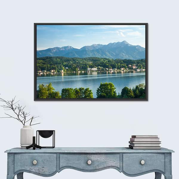 View Of The Mountain Lake In Austria Canvas Wall Art-1 Piece-Floating Frame-24" x 16"-Tiaracle