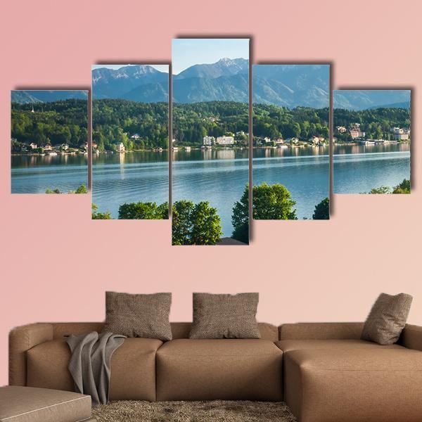 View Of The Mountain Lake In Austria Canvas Wall Art-5 Star-Gallery Wrap-62" x 32"-Tiaracle