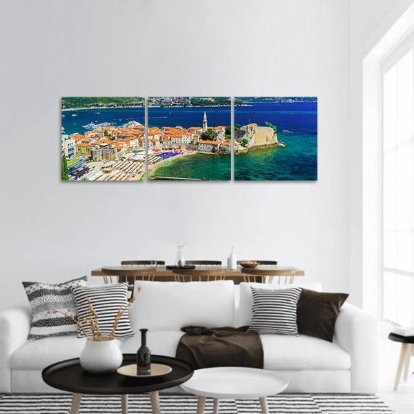 Old Town Budva Montenegro Panoramic Canvas Wall Art in orange, green and blue, hung on a wall