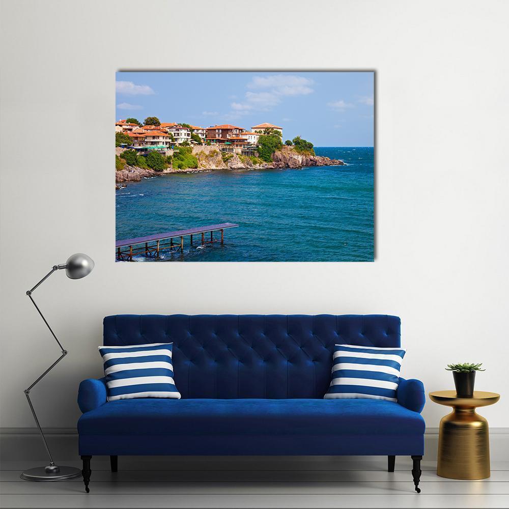 Sozopol Old Town Pier View Canvas Wall Art in brown and blue, single panel hung on a wall
