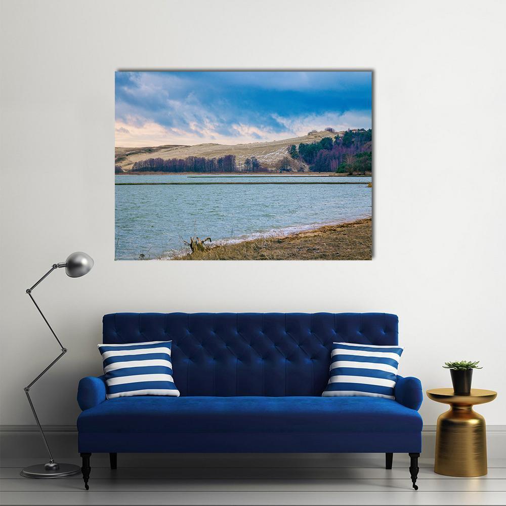 Winter View of Parnidis Dune Canvas Wall Art in beige, brown and blue, single panel hung on a wall