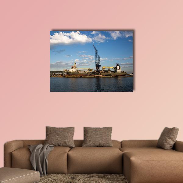 Port of Amsterdam Cargo Ship Canvas Wall Art in white, gray and blue, single panel hung on a wall